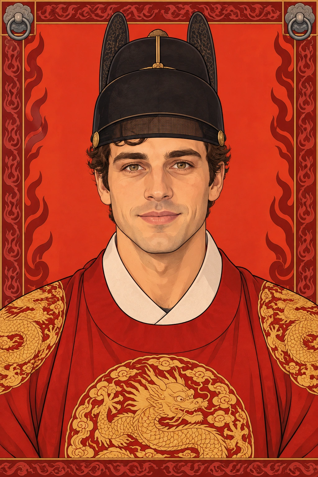 Advertising example showing the same person as a Joseon court-style portrait